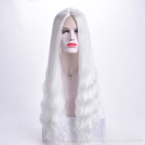Aishili wholesale snow white long hair yaki straight wig synthetic lace front synthetic wigs for women